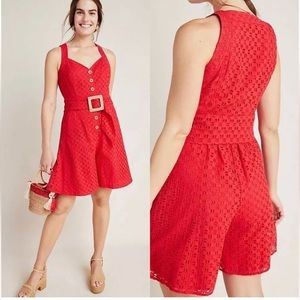 NWOT ANTHROPOLOGIE Belted Eyelet Red Romper Size 12